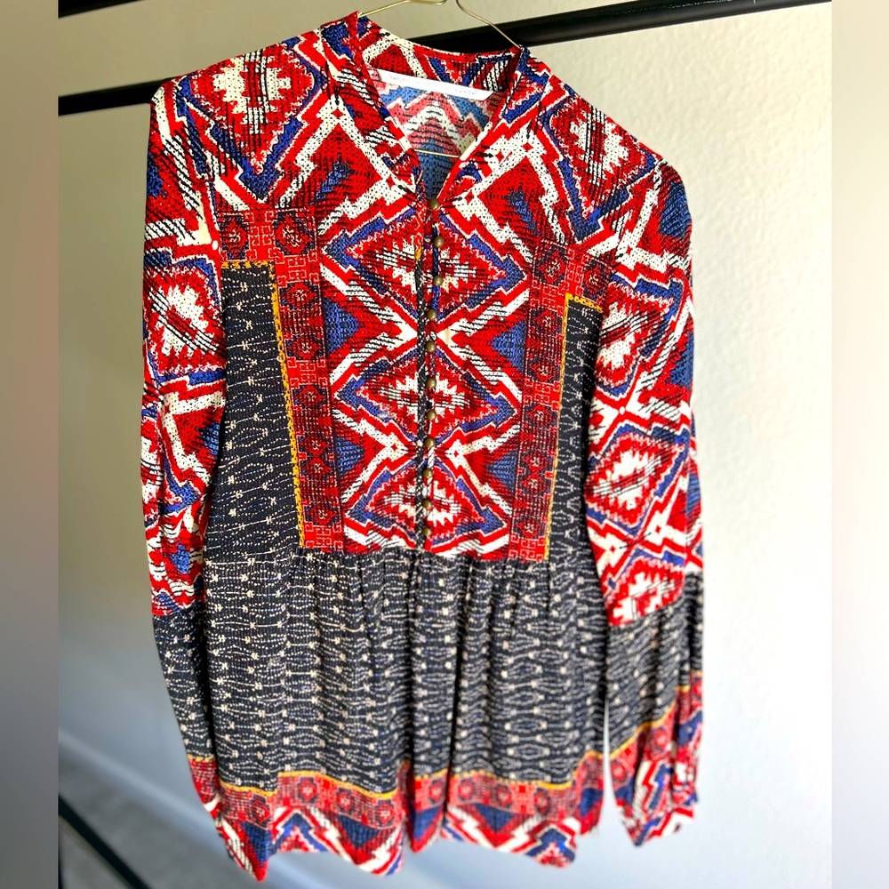 Twelfth Street by Cynthia Vincent 100% Silk Multicolor Top Size S Boho Peasant